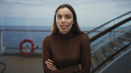 Woman arms crossed showing hands on a cruise boat deck with lifebuoy and metal stairs by the railing, ocean visible; playful confidence.