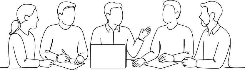 Business people with laptop line art silhouette isolated on white background