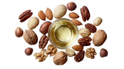 Assorted nuts and oil on a wooden surface for healthy snacking.