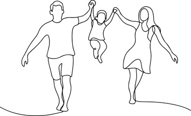 Parents holding hands with children in a loving family silhouette isolated on white background