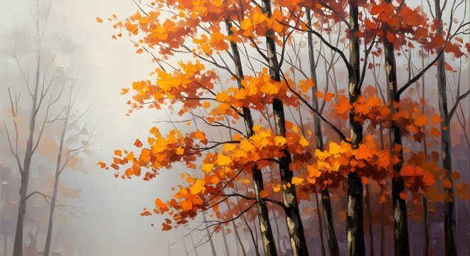 Autumnal trees with vibrant orange leaves in a misty forest setting