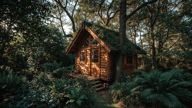 A cozy wooden cabin in a lush forest setting surrounded by trees and dense greenery.