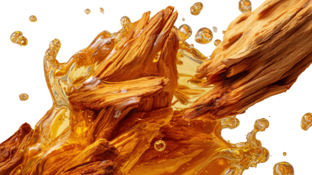 Delicious amber liquid splashing over wooden chunks.