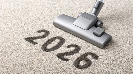 Vacuum cleaner on a beige carpet with bold numbers 2026 and blank space for text, a cinematic New Year atmosphere.