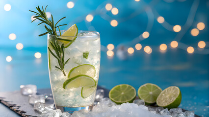 Refreshing summer cocktail with lime and rosemary, perfect for a hot day, enjoy this cold drink with friends at the beach or by the pool