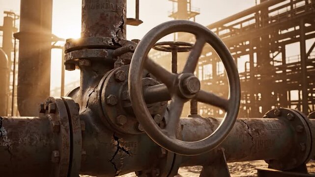 Closeup of a rusty industrial valve and pipes in an oil refinery at sunset