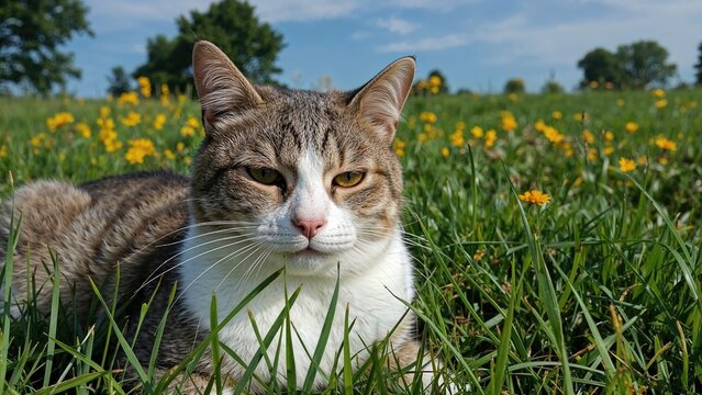 A cat lying in a grassy field with yellow flowers under a partly cloudy sky.