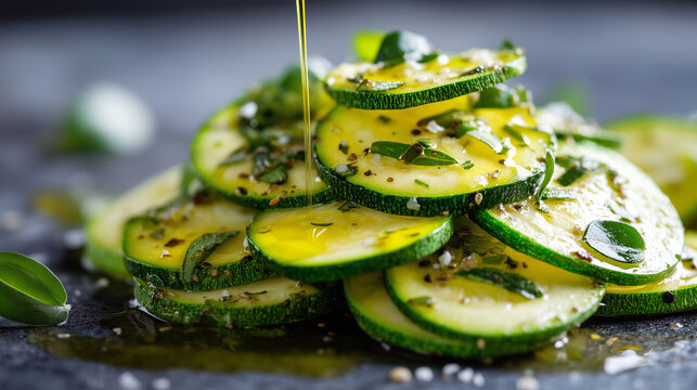 Close-up zucchini salad preparation, thin slices, olive oil and herbs, fresh kitchen vibes,