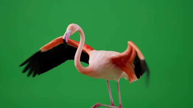 Pink flamingo with outstretched wings against a green background, appearing in flight