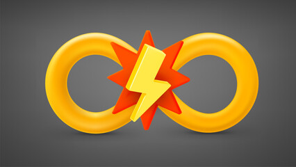 Infinity sign with thunderbolt. 3d vector illustration