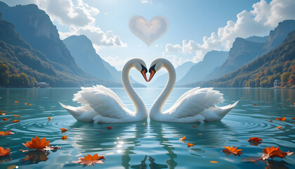 Two white swans forming a heart shape on a serene lake surrounded by majestic mountains