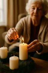 An elderly woman gently shares a candle flame with another candle, symbolizing thanksgiving, wisdom, compassion, and the passing of light and love.