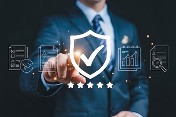 Businessman points to shield with checkmark and five star rating