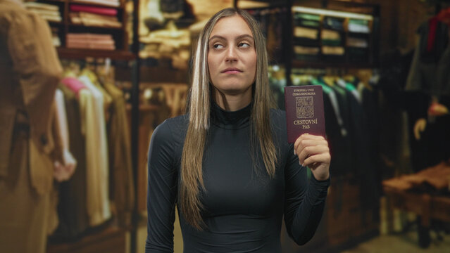 Young hispanic woman holding passport with arm raised and smiling in a boutique clothing store, long hair and black turtleneck visible; travel pride. - Powered by Adobe