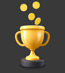 Gold trophy with golden coins. 3d vector icon