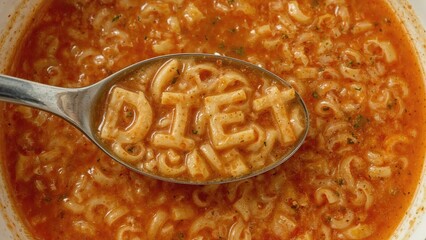 Tomato soup with pasta in a bowl with a spoon