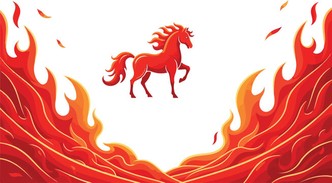 A red horse floats amid flames against a stark white background