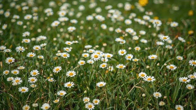 A field of daisies with white petals and yellow centers blooming amidst green grass and foliage. - Powered by Adobe