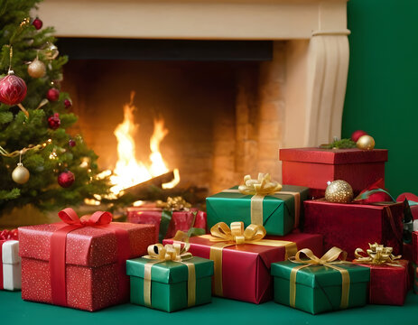 christmas tree with gift boxes, Vibrant Christmas scene with red gifts, gold ornaments, and pine branches on a red backdrop, ideal for holiday greetings and festive celebration themes
