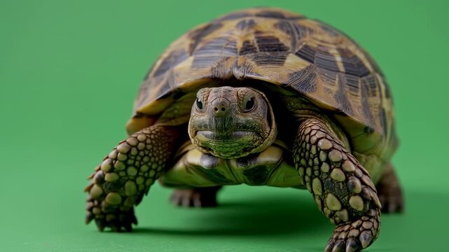 A close-up frontal view of a tortoise against a bright green backdrop, showing detail