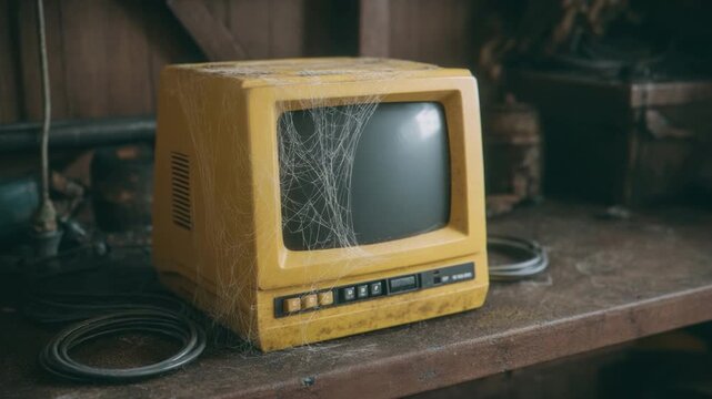 Vintage Yellow Computer Monitor Surrounded by Dust and Spider Webs in an Abandoned Storage Room 4k video footage