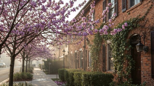 Cherry blossom trees along a sidewalk with brick buildings, greenery, and street lamps in a peaceful, scenic neighborhood.