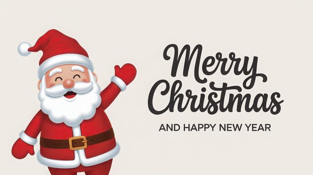Cute cartoon santa claus waving next to merry christmas and happy new year text on light background