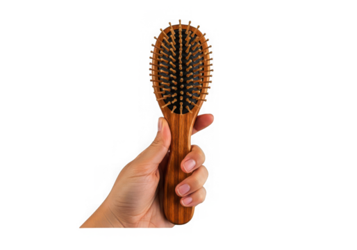 Hand holding a wooden hair brush isolated on transparent background