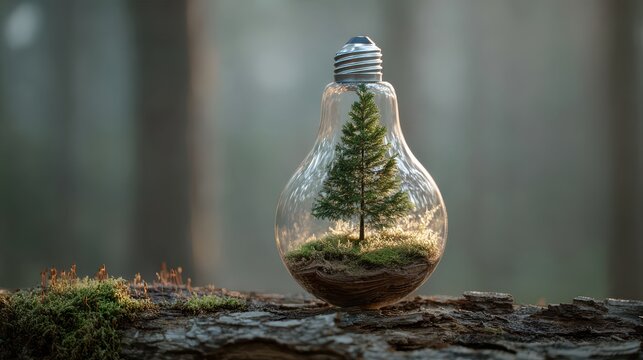 Eco-Friendly Illumination Concept with Small Tree Growing Inside Glass Light Bulb on Natural Wood Log in Serene Forest Environment - Powered by Adobe