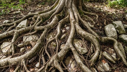 Exposed tree roots sprawling across the ground among rocks and soil.