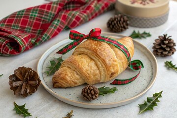 Croissant on plate with Christmas decoration.