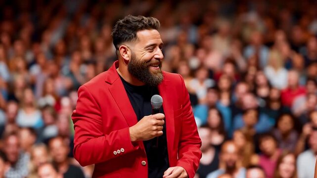 Late night comedy show, a man in a red suit performs humor in front of a full audience, the idea behind popular late night comedy shows