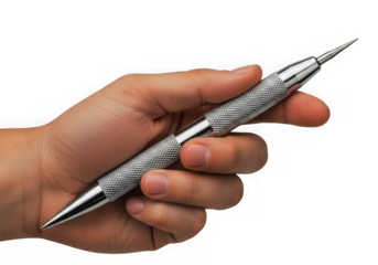 Hand holding a metal scribe tool isolated on transparent background