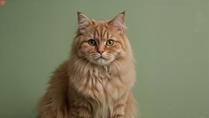 Fototapeta premium A fluffy orange cat with green eyes against a green background.