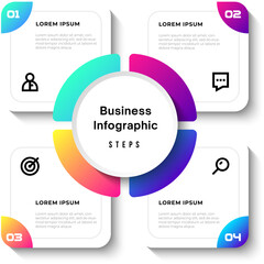 Vector infographic template featuring a modern, 3D-style circular layout divided into 4 steps. Ideal for presenting business processes, timelines, workflows, marketing steps, or educational content.