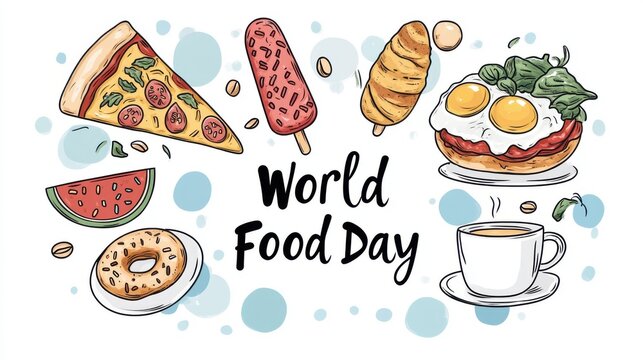 Colorful world food day illustration featuring pizza, ice cream, croissant, eggs, watermelon, donut, coffee isolated on white background