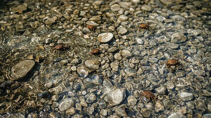 A close-up of rocks and pebbles in clear water at the shoreline.