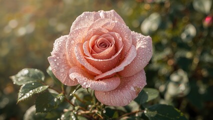 Pink rose with dew drops on petals, close-up shot, blooming flower, delicate and fresh nature, garden aesthetic, soft background.