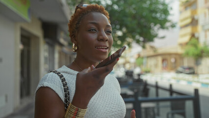 Young african american woman holds smartphone to her mouth on a sunny street amid storefronts; connection.