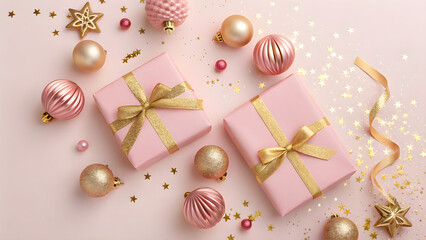 Elegant pink Christmas gifts with gold ribbons and ornaments create a festive holiday mood, perfect for seasonal marketing and cheerful greetings