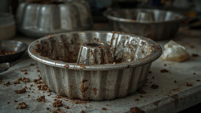 Rusty metal baking mold with chocolate residue and used in baking or cooking. Kitchenware and baking tools. The concept of baking and culinary preparation. - Powered by Adobe