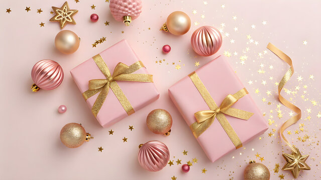 Elegant pink Christmas gifts with gold ribbons and ornaments create a festive holiday mood, perfect for seasonal marketing and cheerful greetings