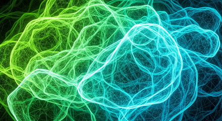Vibrant green and blue light streaks dance in a mesmerizing abstract pattern, perfect for technology, energy, or futuristic designs with captivating energy