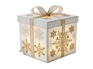 Illuminated white gift box with snowflakes isolated on transparent background