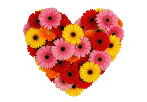 Heart shape made of colorful gerbera daisies isolated on transparent background