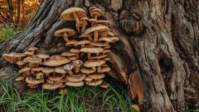 Cluster of mushrooms growing on a tree trunk in a forest setting.