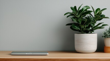 Minimalist Workspace with Plants and Modern Technology