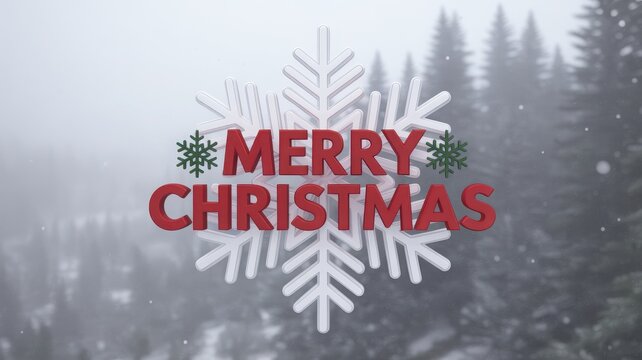 Merry christmas greeting text in red over a large white snowflake with snowy forest background - Powered by Adobe