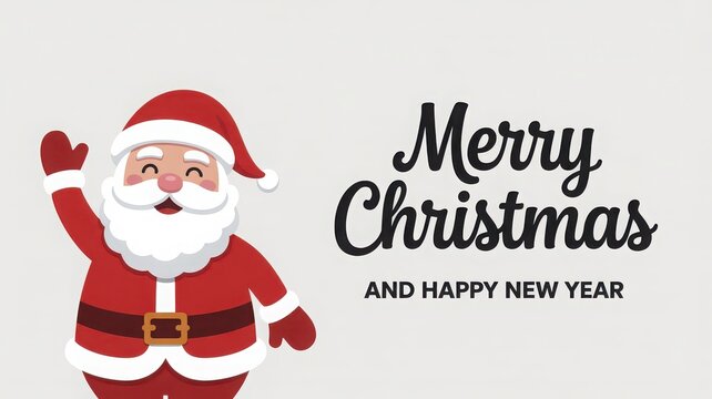 Cute cartoon santa claus waving next to merry christmas and happy new year text isolated on white background