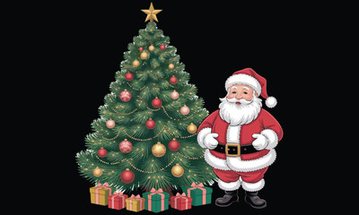 Cartoon Santa Claus joyfully carrying a beautifully decorated Christmas tree, dressed in his iconic red costume, spreading holiday cheer and festive spirit for the season